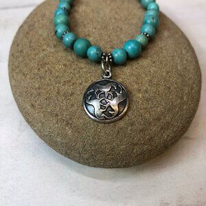 Bracelet for Child or Adult, 7", Turquoise & Silver Beads, Silver Charm
